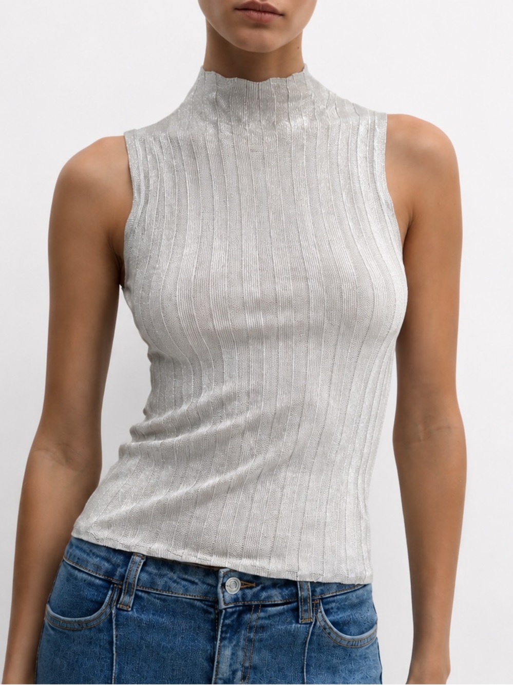 Mango Metallic Mock Neck Ribbed Sleeveless Knit Top Silver Small NWT